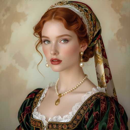 A portrait of a woman with vibrant red hair and freckles, adorned in a richly detailed Renaissance-style gown. She wears a pearl necklace and ornate earrings, with a patterned headscarf framing her face. The soft, muted background enhances the focus on her elegant attire and serene expression.
