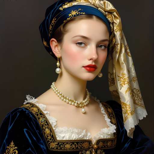 A portrait in the style of a Renaissance painting depicts a young woman in opulent attire. She wears a dark blue velvet gown with gold embroidery, a pearl necklace, and a patterned headscarf. Her gaze is direct, and the soft lighting emphasizes her delicate features. The composition focuses on her face, creating a classic, elegant aesthetic.