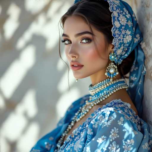 A stunning woman in a vibrant blue and white embroidered outfit, adorned with intricate pearl jewelry and a patterned headscarf, gazes intently. She's positioned against a textured, sun-drenched wall, her pose drawing the viewer into a close-up portrait with soft lighting and a focus on elegant detail. The style is a blend of fashion photography and traditional portraiture, emphasizing beauty and cultural richness.