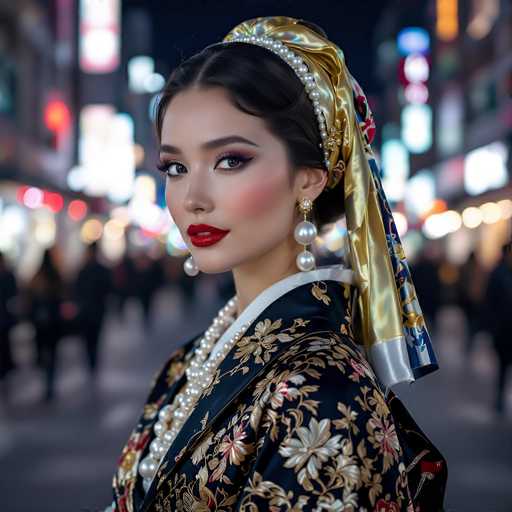 A stylish woman in a traditional Japanese kimono and pearl jewelry stands confidently, her gaze directed towards the viewer. The blurred background of a bustling city street with vibrant neon lights creates a soft, atmospheric bokeh effect, emphasizing the woman as the focal point. The art style is a blend of fashion portraiture and soft focus, highlighting elegance and cultural beauty.