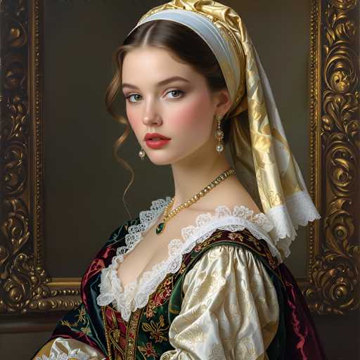 A young woman in Renaissance-era attire, adorned with a gold and pearl necklace and a patterned headscarf, gazes directly at the viewer. She's framed by an ornate gold frame, set against a dark backdrop. The art style is highly detailed and realistic, reminiscent of a classic portrait painting with soft lighting.