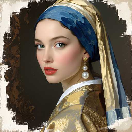 A portrait of a woman in historical attire, likely Renaissance or Baroque, dominates the frame. She wears a richly detailed gold and blue headscarf and gown, complemented by pearl earrings. Her gaze is direct, creating a captivating, intimate connection with the viewer. The art style leans towards digital painting with a painterly texture and warm color palette, reminiscent of Renaissance portraiture.