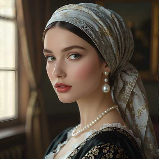 A woman in a historical portrait, adorned in an ornate black and gold gown with a patterned headscarf, gazes directly at the viewer. She wears a pearl necklace and earrings, her makeup emphasizing rosy cheeks and red lips. The soft lighting highlights the intricate details of her attire and the elegant composition, evoking a classic, romantic aesthetic.