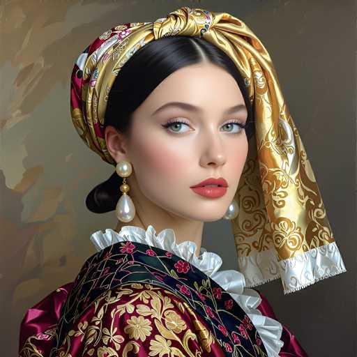 A portrait of a woman in historical attire dominates the image, showcasing a detailed digital painting with a painterly style. She wears an ornate, patterned headscarf and gown, complemented by pearl earrings. Her gaze is direct, creating a captivating, intimate portrait with soft lighting and rich color tones.