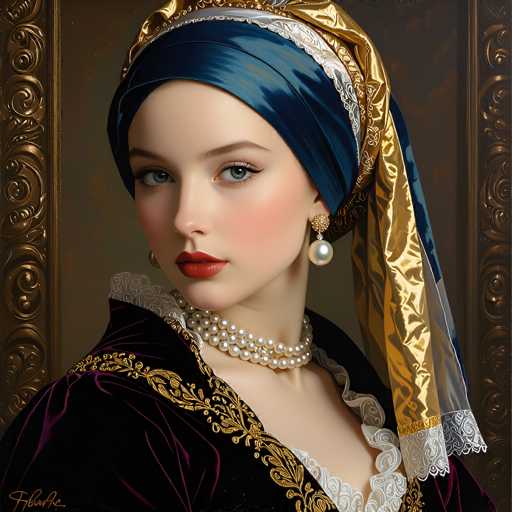 A portrait in a Renaissance-inspired style features a woman with fair skin and blue eyes, adorned in an elaborate dark velvet gown with gold embroidery. She wears a blue and gold turban-like headpiece, a pearl necklace, and ornate earrings. The focus is on her face, with a soft, slightly melancholic expression, framed by an ornate gold frame.