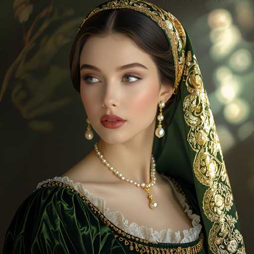 A stunning portrait showcases a woman in an opulent, dark green velvet gown adorned with intricate gold embroidery and lace. She wears a pearl necklace and matching earrings, her gaze directed to the left. The art style is highly detailed and realistic, with soft lighting emphasizing a vintage, possibly Renaissance-inspired aesthetic.