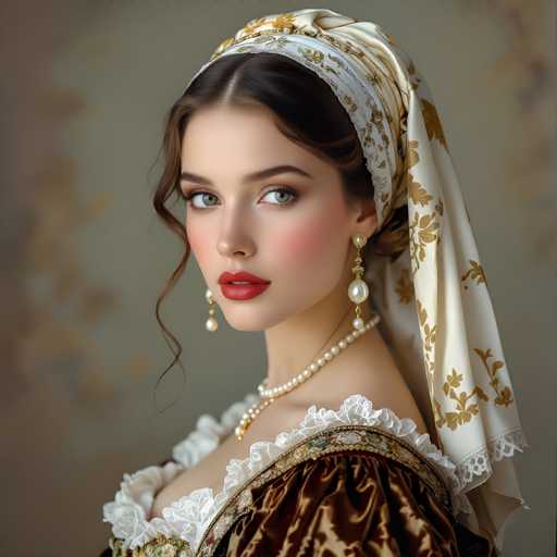 A woman in a vintage, ornate gown and headscarf gazes directly at the viewer. The portrait showcases a detailed, romantic aesthetic with soft lighting and a focus on intricate textures of the fabric. The spatial relationship is intimate, drawing the viewer into the subject's gaze.