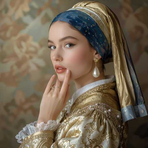 A young woman in a richly detailed, golden and blue embroidered gown with a patterned headscarf gazes directly at the viewer. Her elegant pose, adorned with pearl earrings and rings, is set against a softly blurred, patterned backdrop. The art style leans towards a portrait with a focus on intricate detail and soft lighting, evoking a sense of timeless elegance.