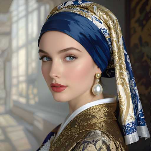 A stunning portrait showcases a woman in an intricately detailed, ornate Asian-inspired garment. She wears a blue and gold patterned headscarf, complemented by a richly embroidered jacket with pearl earrings. The soft lighting highlights her serene expression and the detailed textures of the clothing, creating a sophisticated, realistic digital painting.