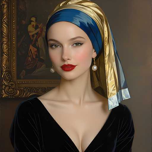 A woman with fair skin and striking green eyes is centrally positioned, wearing a luxurious black velvet dress and a patterned blue and gold headscarf. She gazes directly at the viewer, adorned with pearl earrings. Behind her is a framed painting with an ornate gold frame, adding to the portrait's elegant and slightly vintage aesthetic. The lighting is soft, highlighting her features.