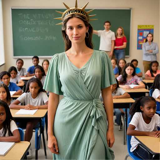 A woman in a green dress and Statue of Liberty crown stands centrally in a classroom, facing the camera. She's surrounded by students seated at desks, some looking directly at her, others observing the background. The art style is realistic, focusing on a direct, engaging portrait with a slightly symbolic composition.