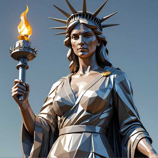 The image features a detailed, geometric rendering of the Statue of Liberty holding a torch. The statue is positioned against a clear, pale blue sky. The art style utilizes a faceted, polygonal aesthetic, giving the statue a modern, almost digital appearance with sharp, angular forms.