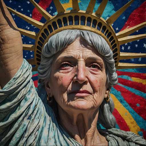 This image presents a surreal, close-up portrait of the Statue of Liberty, reimagined with an elderly woman's face. The main subject is a realistic depiction of the iconic statue, but with aged features and wrinkles. She holds her arm raised, revealing a patriotic, textured backdrop of the American flag. The art style is photorealistic with a slightly distressed texture, creating a striking juxtaposition of age and historical symbolism.