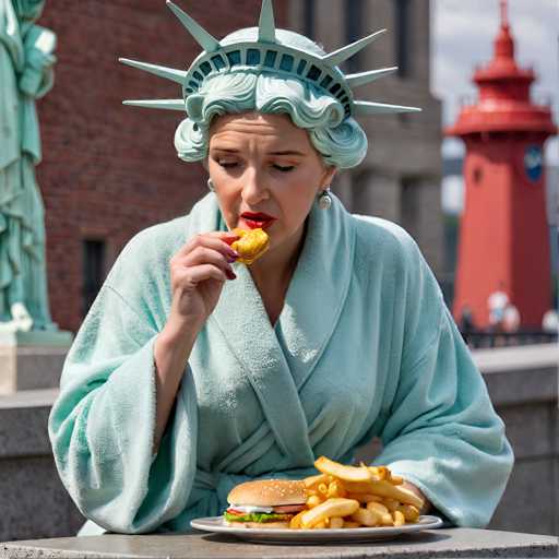 A woman wearing a Statue of Liberty headpiece and a light blue robe is playfully enjoying a hamburger and fries. She's seated at a table with the Statue of Liberty in the background, suggesting an ironic or humorous juxtaposition. The image is a whimsical, staged photograph with a lighthearted and slightly surreal art style.