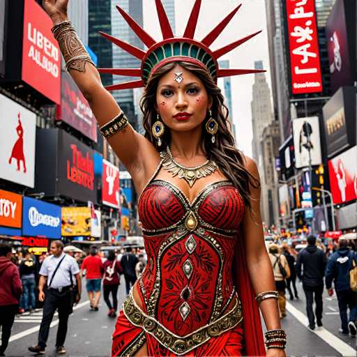 A woman dressed as Lady Liberty stands prominently in Times Square, New York City. She's adorned in a vibrant red and gold costume with a detailed crown, holding one arm aloft. The bustling city scene is filled with people and bright billboards, creating a dynamic, vibrant, and fantastical portrait.