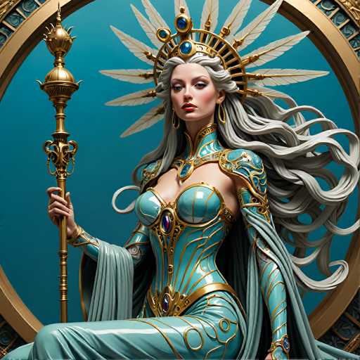 A regal, ethereal queen with flowing silver hair and ornate golden attire sits in a circular frame. She holds a majestic staff, her gaze direct and confident. The art style is highly detailed and fantastical, with intricate patterns and a focus on opulent textures, creating a portrait of divine power.