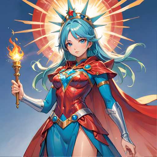 A vibrant anime-style illustration depicts a young woman with flowing turquoise hair, holding a glowing torch. She wears a red and blue outfit adorned with golden accents and a radiant crown, set against a sunburst backdrop. The focus is on her determined expression and powerful presence.