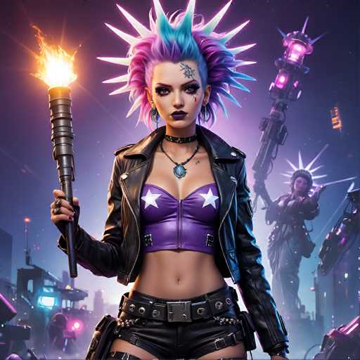 A cyberpunk warrior with vibrant, spiky hair and cybernetic enhancements holds a glowing torch in one hand while holding a futuristic weapon in the other. She's clad in a purple and black outfit, standing amidst a neon-lit cityscape with other figures in the background. The art style is highly detailed and futuristic, emphasizing a blend of technology and rebellion.