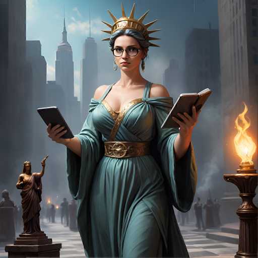 A digital painting depicts a modern, regal Lady Liberty figure in a teal gown and golden crown, holding tablets and a book. She stands on a cobblestone platform in a hazy, futuristic New York City street, surrounded by statues and figures. The art style is detailed and slightly fantastical, blending historical symbolism with a contemporary urban setting.