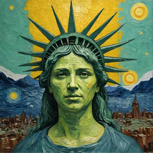 This artwork presents a close-up portrait of the Statue of Liberty, rendered in a vibrant, textured style reminiscent of Van Gogh's "Starry Night." The main subject dominates the frame, with a cityscape and swirling, dreamlike sky forming the background. The spatial relationship is intimate, focusing on the statue's face with a slightly surreal and emotional quality.