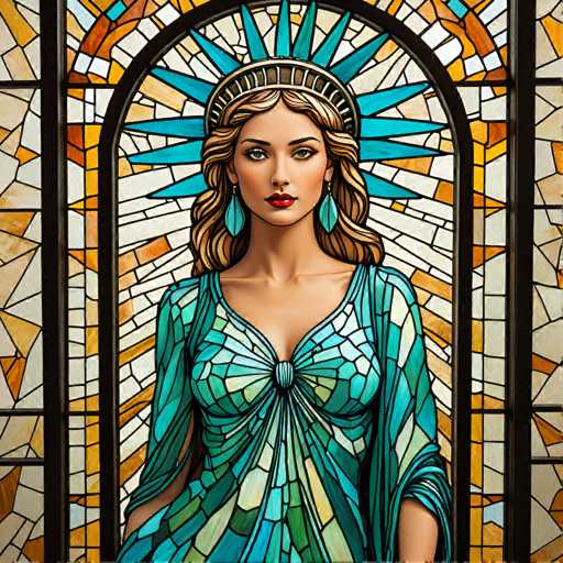 The image is a stained-glass portrait of Lady Liberty, depicted in a detailed, stylized fashion. She stands centrally within an arched window, her gaze direct and serene. The art style evokes a vintage aesthetic with intricate patterns and vibrant color divisions, reminiscent of Art Nouveau or Art Deco.