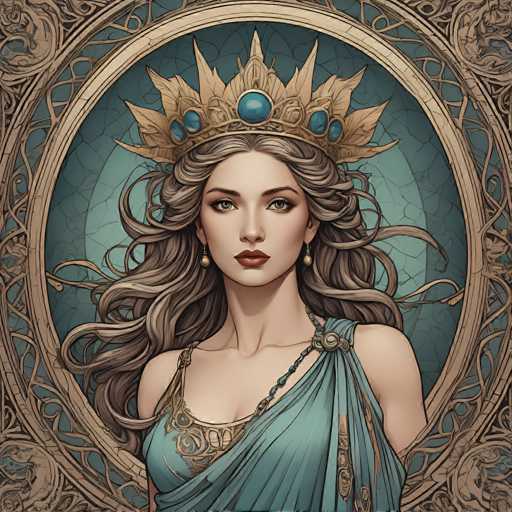 A regal woman with flowing, wavy blonde hair and a golden crown adorned with blue gems is centrally positioned within an ornate, circular frame. She wears a teal draped garment and gold jewelry, her gaze direct and serene. The art style is detailed and illustrative, reminiscent of a Renaissance portrait with intricate patterns and soft lighting.