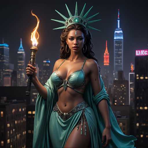 A woman, embodying Lady Liberty, stands proudly in a vibrant teal gown and crown, holding a torch aloft against a dark, illuminated cityscape. The art style is digital painting with a focus on dramatic lighting and detailed textures, emphasizing a powerful, symbolic figure.