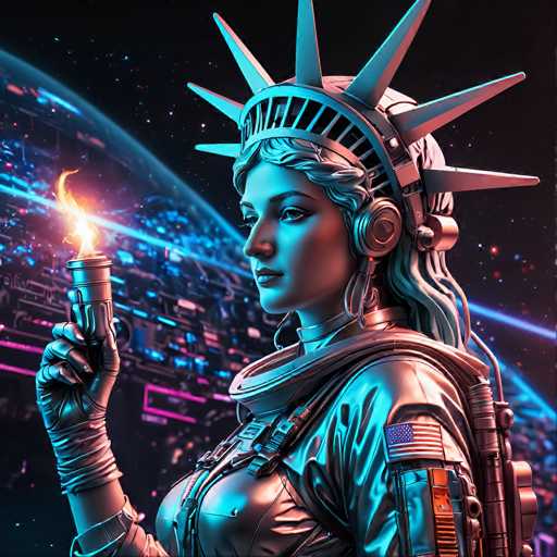 A futuristic, metallic Statue of Liberty holds a glowing torch in her gloved hand, gazing towards a vibrant, neon-lit cityscape against a backdrop of stars. The art style is highly detailed and digital, emphasizing a blend of retro-futurism and modern technology.