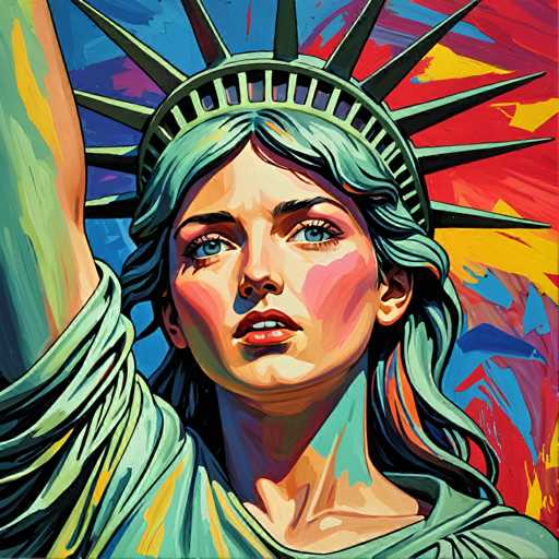 This vibrant, digitally-painted portrait depicts a stylized, close-up view of the Statue of Liberty's face. The main subject is the statue's head, with her arm raised in a gesture of freedom. Bold, expressive brushstrokes and a vivid color palette create an impressionistic feel, emphasizing the statue's powerful presence.