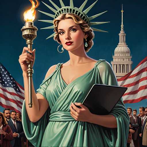 A stylized, digitally painted portrait depicts Lady Liberty holding a torch and tablet, surrounded by American flags and the US Capitol building. The art style is reminiscent of a vintage illustration with a focus on detailed rendering and a patriotic color palette.