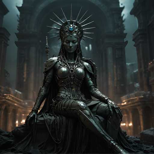 A regal, armored figure sits on a stone throne in a dimly lit, futuristic setting. The art style is dark and detailed, with intricate metallic armor and a dramatic, ethereal quality. The figure's posture is serene yet powerful, emphasizing a sense of authority and perhaps melancholy within an ancient, possibly ruined, architectural backdrop.