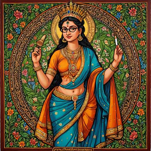 This vibrant painting depicts Hindu goddess Saraswati, adorned in traditional attire and jewelry, holding a veena (music instrument) and a book. She's centrally positioned within an ornate, circular frame of floral motifs, radiating a serene and wise aura. The art style is detailed and colorful, showcasing intricate patterns and rich textures typical of traditional Indian art.