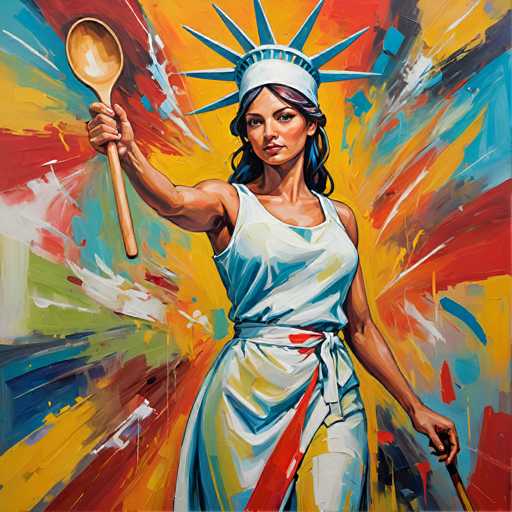 This vibrant, modern painting depicts a stylized Statue of Liberty figure holding a wooden spoon aloft. The artwork employs an expressive, impasto style with bold, dynamic brushstrokes of red, yellow, and blue, creating a sense of energetic motion. The figure's pose is assertive, with a red sash draped across her body and a determined gaze.