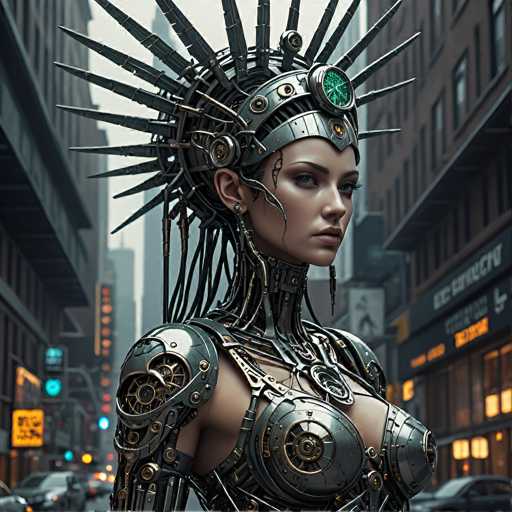 A strikingly beautiful cyborg woman dominates the frame, her metallic body adorned with intricate, angular designs and glowing green accents. She stands in a bustling, neon-lit cityscape, her head facing slightly to the right, conveying a sense of futuristic power and technological sophistication. The art style is highly detailed and cyberpunk-inspired, emphasizing a blend of organic and mechanical elements.