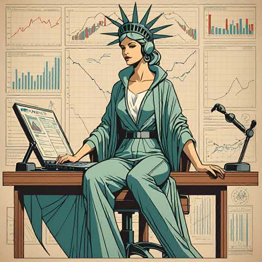 A woman in a teal Statue of Liberty costume sits at a desk, intently working on a laptop displaying financial charts. The workspace is filled with various graphs and data visualizations, suggesting an analysis of economic trends. The art style is a detailed, vintage-inspired illustration with a focus on data and technology.