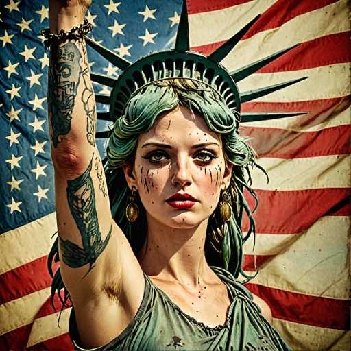 A woman with green hair and American-themed tattoos, wearing a Statue of Liberty headpiece, stands proudly in front of a faded American flag. The image is a digital painting with a vintage, slightly distressed aesthetic, emphasizing a bold and patriotic portrait.