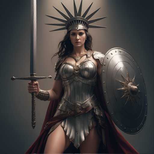 A powerful, armored warrior stands poised with a sword and shield, her helmet adorned with radiating sunbursts. She wears a metallic breastplate and skirt, draped in a red cloak. The art style is detailed and realistic, emphasizing a strong, heroic presence against a muted gray backdrop.