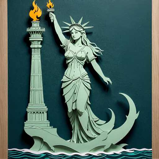 The image features a 3D-style, laser-cut depiction of the Statue of Liberty, standing on a wave-like base. The statue is teal and gold, with a dark teal background. The art style is modern and stylized, emphasizing depth through the layered cutouts.