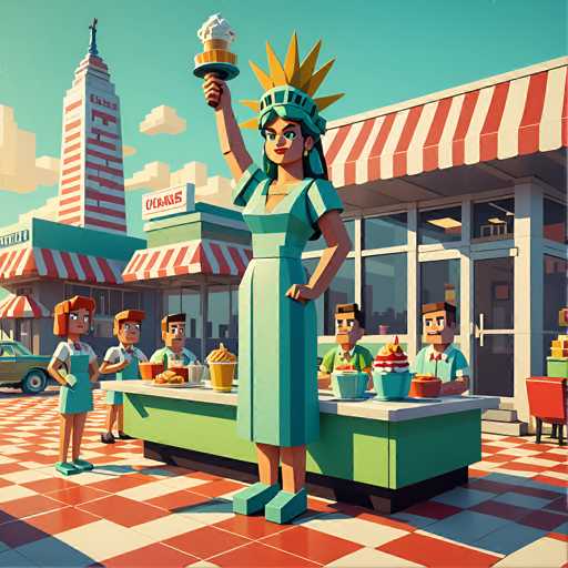 A vibrant, retro-style illustration depicts a Statue of Liberty-themed ice cream shop. The main subject is the Statue of Liberty holding an ice cream cone, surrounded by smiling employees serving customers at a brightly colored counter. The scene is rendered in a clean, cartoonish style with bold lines and flat colors, evoking a nostalgic, 1950s aesthetic.