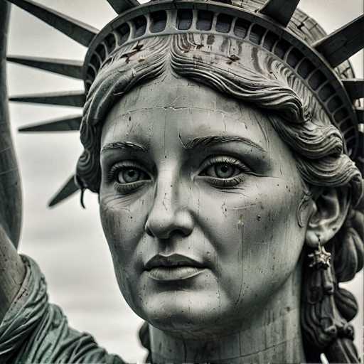The close-up photograph features a weathered, detailed portrait of the Statue of Liberty's head. The focus is on her face, with a textured, aged patina suggesting time and exposure. Her piercing blue eyes meet the viewer's gaze, conveying a sense of strength and resilience. The spatial relationship is intimate, emphasizing the intricate details of her face within a slightly blurred background.