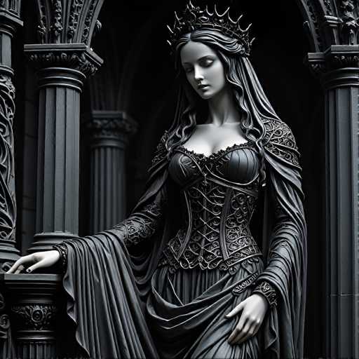 A pale, ethereal woman in a dark, ornate gown and crown stands gracefully amidst gothic architecture. The scene is dimly lit, emphasizing the intricate details of her dress and the surrounding stone columns. Her long, flowing hair cascades down, creating a sense of mystery and elegance within the dark, possibly ancient setting.