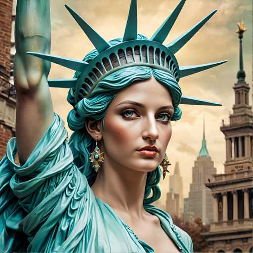 A close-up portrait of the Statue of Liberty dominates, her arm raised with a determined gaze. The art style is photorealistic, showcasing intricate details of the statue's gown and crown against a soft, slightly hazy cityscape backdrop. The focus is on the figure's face, emphasizing her powerful and iconic presence.
