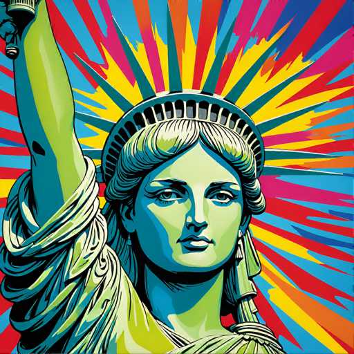 This vibrant, pop-art style image features a close-up of the Statue of Liberty's head, her arm raised triumphantly. Bold, flat colors and radiating lines create a dynamic, stylized representation of the iconic monument against a colorful, abstract background. The focus is on the statue's determined gaze and powerful posture.