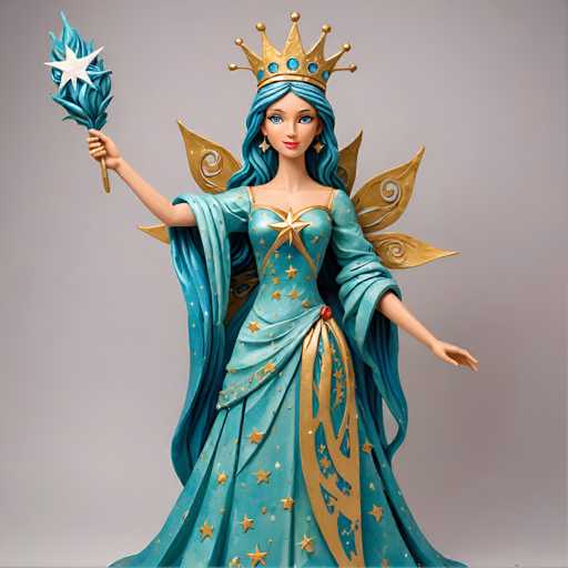 A serene, stylized fantasy figure of a blue-skinned fairy with long, flowing hair and golden wings stands centrally. She wears a teal gown adorned with star motifs and holds a staff topped with a large, glowing star. Her pose is graceful, with one arm outstretched and the other holding the staff, conveying a sense of ethereal power. The art style is detailed and illustrative, reminiscent of a collectible figurine or digital artwork.