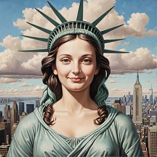 The image is a portrait of the Statue of Liberty, depicted as a woman with a serene expression. She's wearing her iconic crown and draped gown, positioned in front of a detailed cityscape of New York City. The art style is a blend of photorealism and digital painting, creating a slightly surreal yet detailed representation.