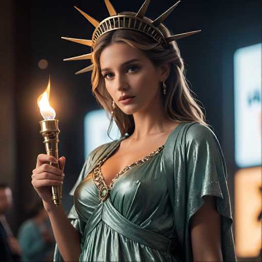 A woman in a shimmering green gown and Statue of Liberty crown holds a lit torch, gazing directly at the viewer. The image is a digital art piece with a focus on dramatic lighting and a slightly surreal, glamorous aesthetic. The woman's pose is central, emphasizing her powerful presence.