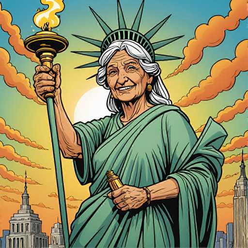 The image features a stylized, cartoonish depiction of the Statue of Liberty holding a torch and a tablet. She's positioned centrally, radiating against a vibrant sunset sky with stylized clouds. The art style is bold and graphic, using flat shapes and strong outlines, reminiscent of vintage comic book illustrations.