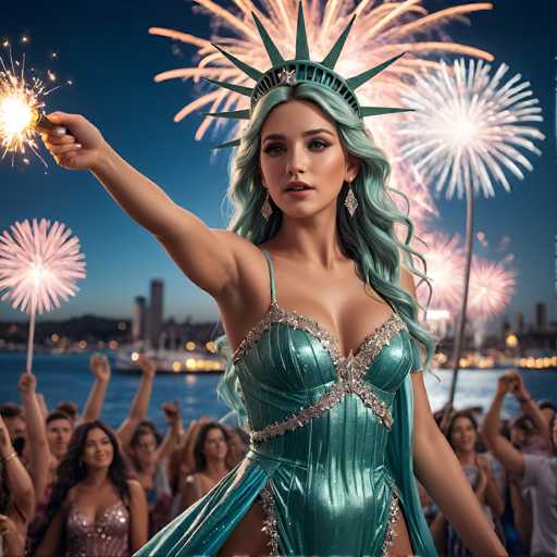 A woman in a shimmering teal Statue of Liberty gown holds a sparkler aloft, surrounded by cheering people and vibrant fireworks against a twilight cityscape. The art style is a blend of digital illustration and photorealism, emphasizing a celebratory, patriotic atmosphere.