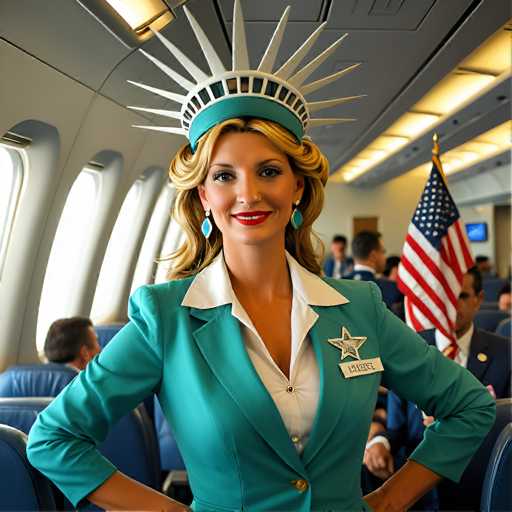 A smiling, blonde woman in a teal uniform and star-adorned hat sits in an airplane seat. She's positioned centrally, looking directly at the viewer with hands on her hips. The background shows other passengers and an American flag, set in a bright, clean, and slightly stylized digital art style.