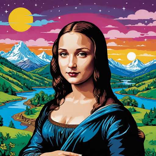 This vibrant, retro-style illustration reimagines the Mona Lisa in a fantastical landscape. The subject is depicted with a stylized, bold color palette and graphic lines, set against a backdrop of mountains, a flowing river, and a surreal, cosmic sky. The spatial relationship is flattened, emphasizing the subject's gaze while creating an otherworldly atmosphere.